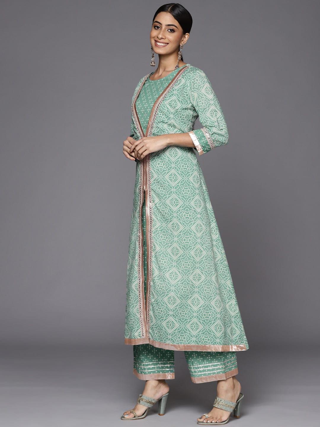 Varanga Women Teal Bandhani Printed High Slit Gotta Patti Pure Cotton Kurta with Palazzos & With Dupatta - Indiakreations