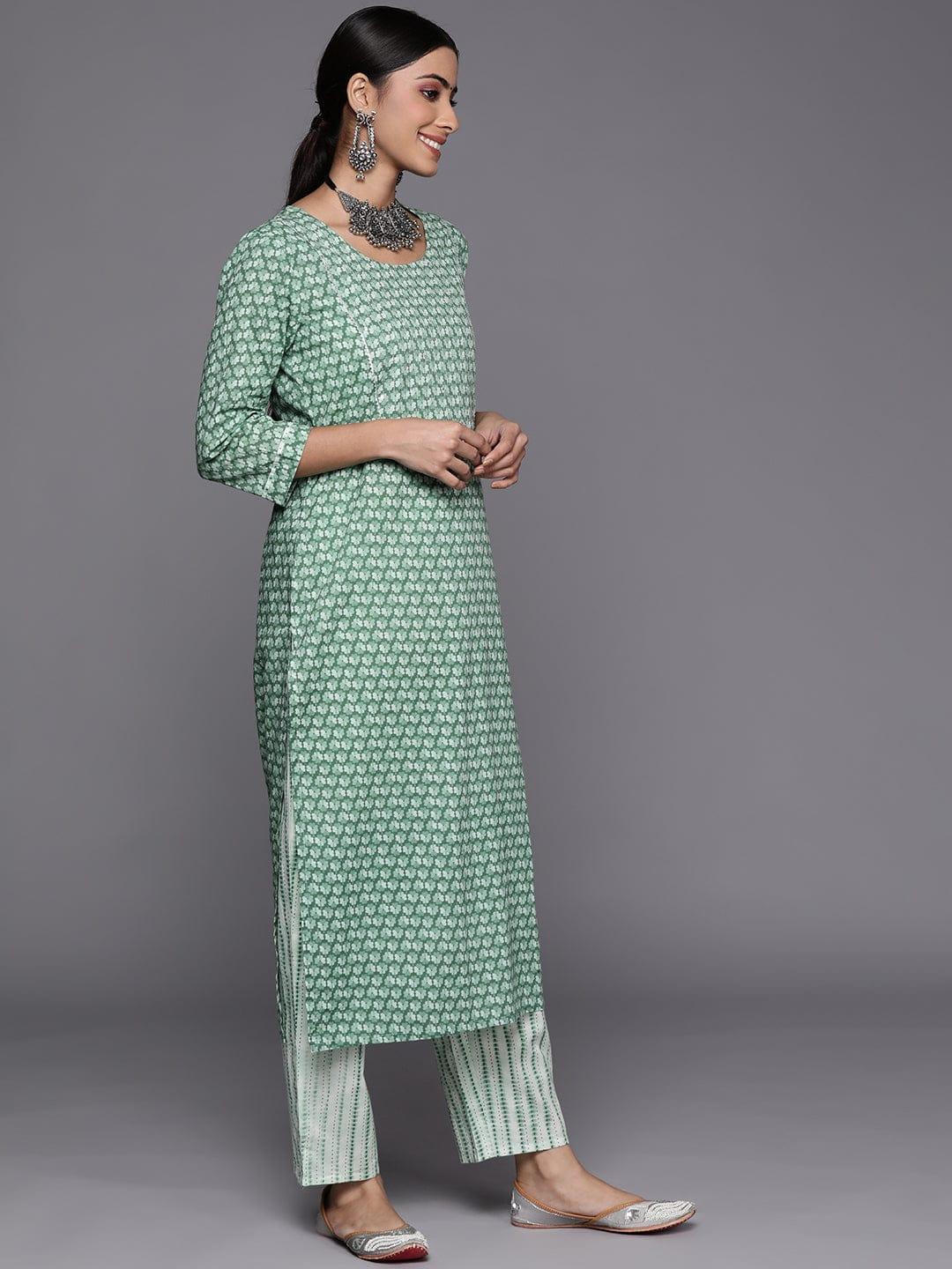 Varanga Women Green Floral Printed Pure Cotton Kurta with Trousers & With Dupatta - Indiakreations