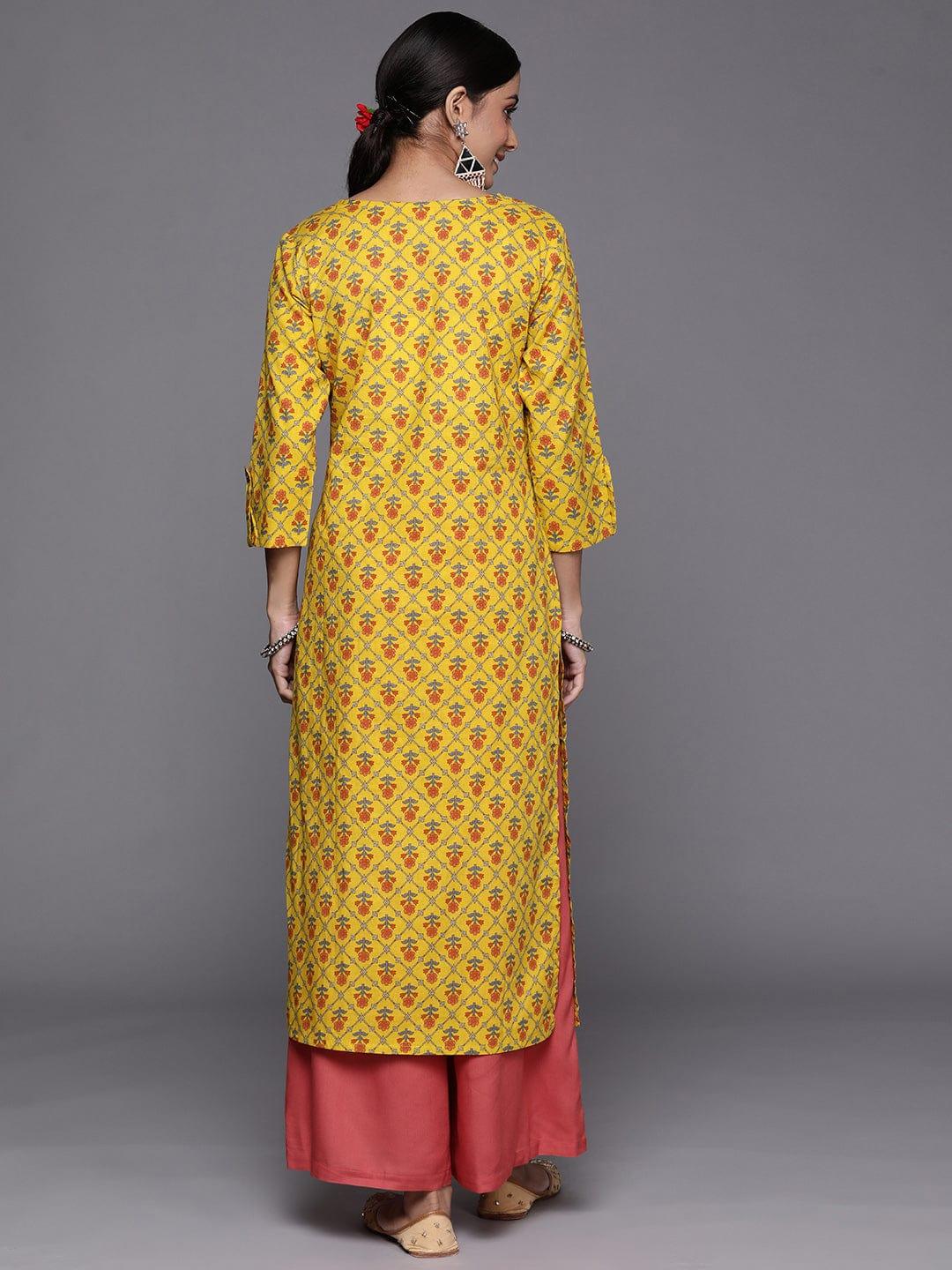 Varanga Women Yellow & Pink Ethnic Motifs Printed Sequin Cotton Kurta - Indiakreations