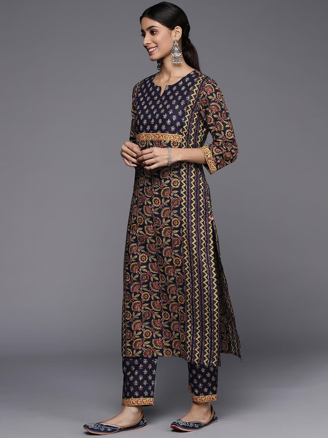 Varanga Women Navy Blue Ethnic Motifs Printed Pure Cotton Kurta with Trousers & With Dupatta - Indiakreations