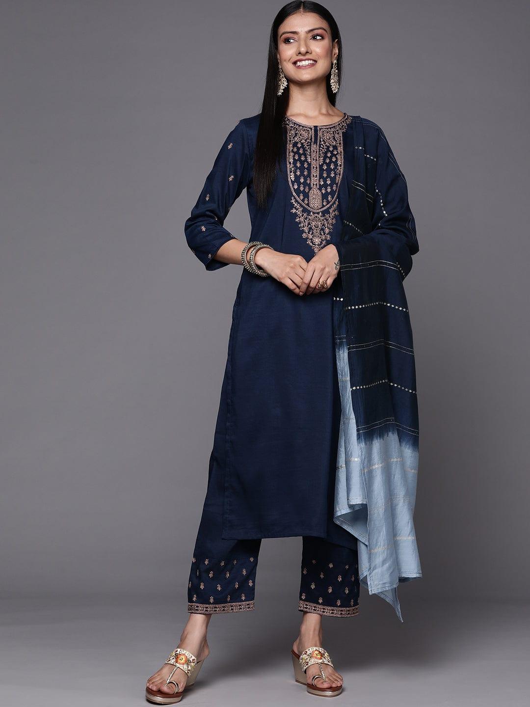 Varanga Women Navy Blue & Golden Ethnic Motifs Embroidered Kurta with Trousers & Dupatta - Indiakreations