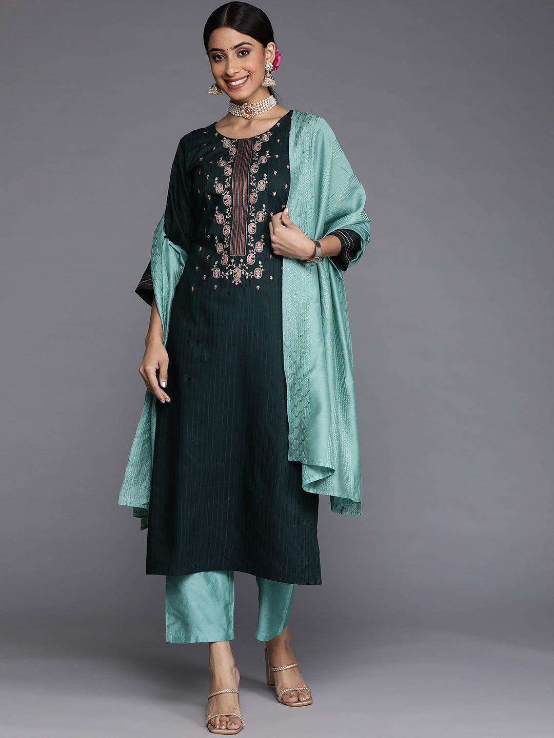 Varanga Women Green Yoke Design Thread Work Dupion Silk Kurta with Trousers & Dupatta - Indiakreations