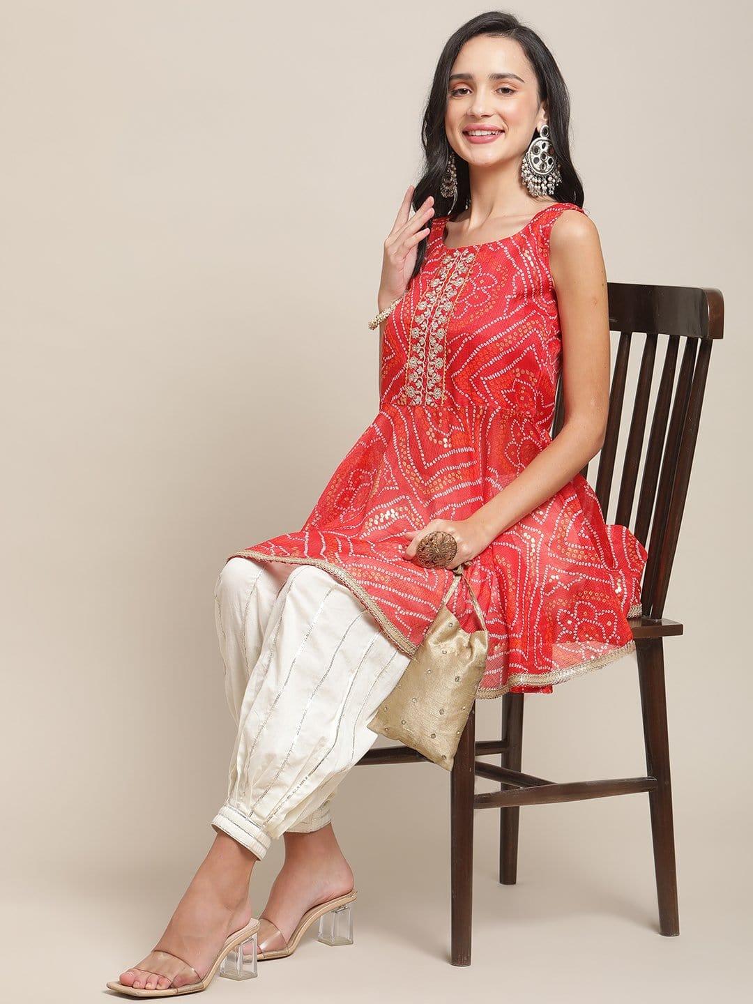 Red And Gold Bandhej Foil Printed Tunic With Zari Embroidery And Gota Embellished Dhoti Pants - Indiakreations