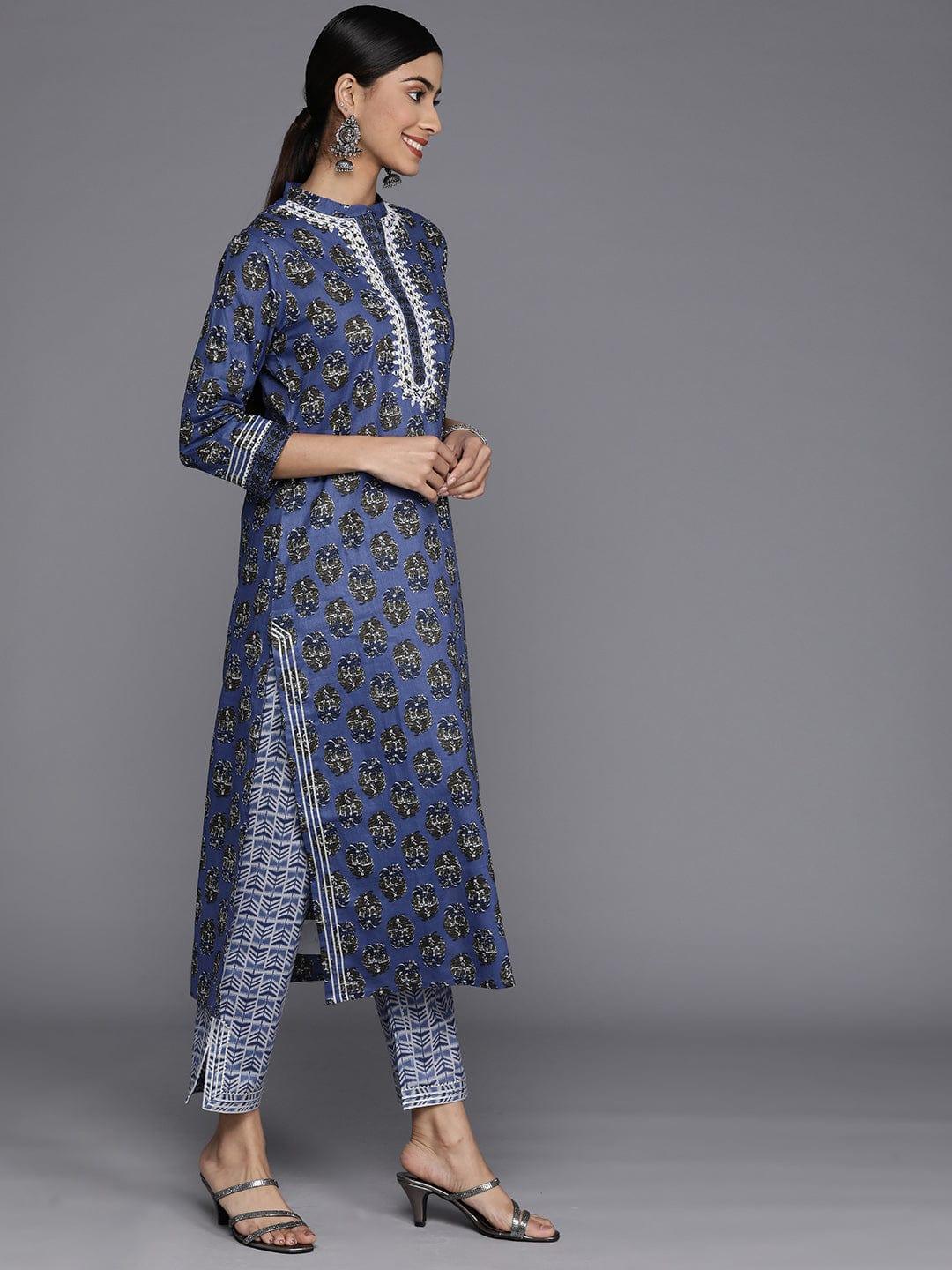 Varanga Women Floral Printed Mirror Work Pure Cotton Kurta With Trousers & With Dupatta - Indiakreations