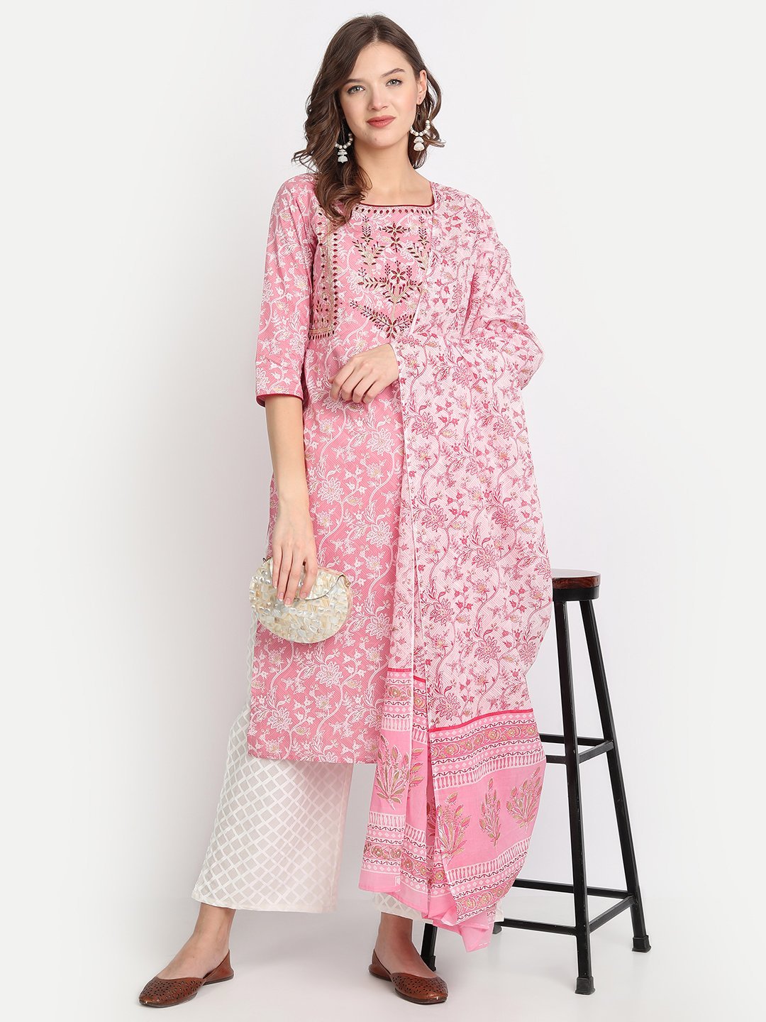 Women Pink Printed Cotton Suit Set by Anubhutee (Set of 3)