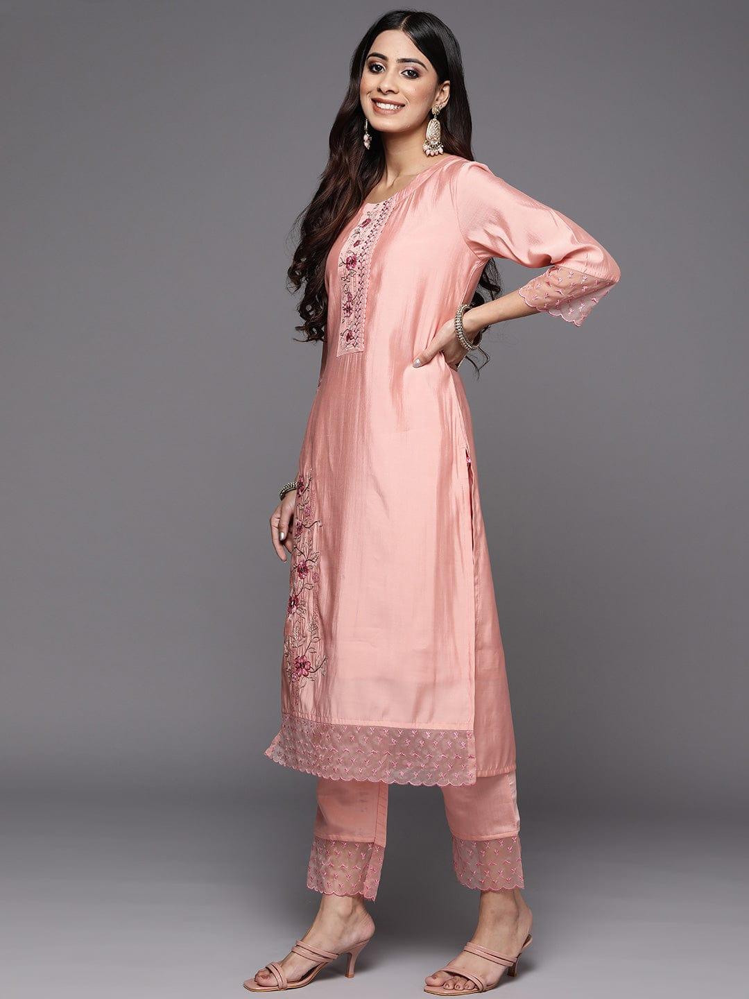 Varanga Women Peach-Coloured Embroidered Thread Work Kurta with Trousers & With Dupatta - Indiakreations