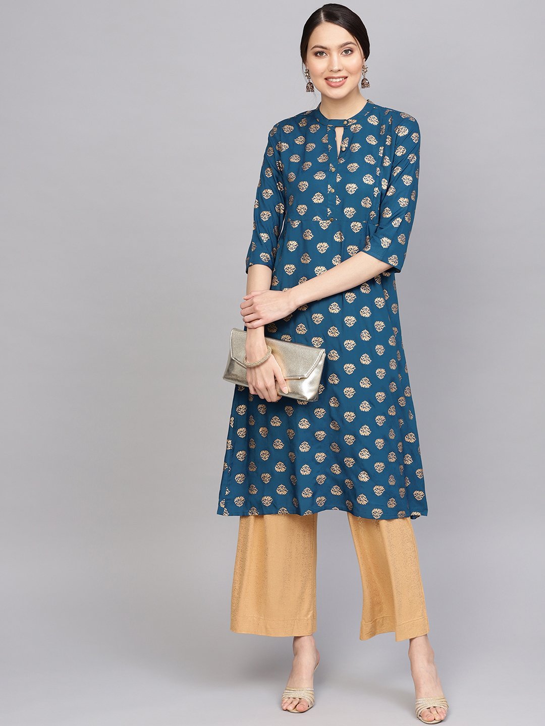 Women's Teal Blue & Golden Printed A-Line Kurta - Anubhutee