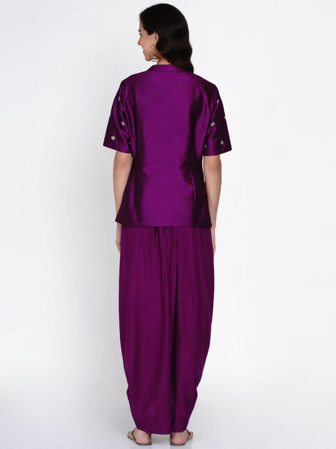 Women's Purple Polyester Embroidered Kurta With Dhoti - Women Republic - Indiakreations