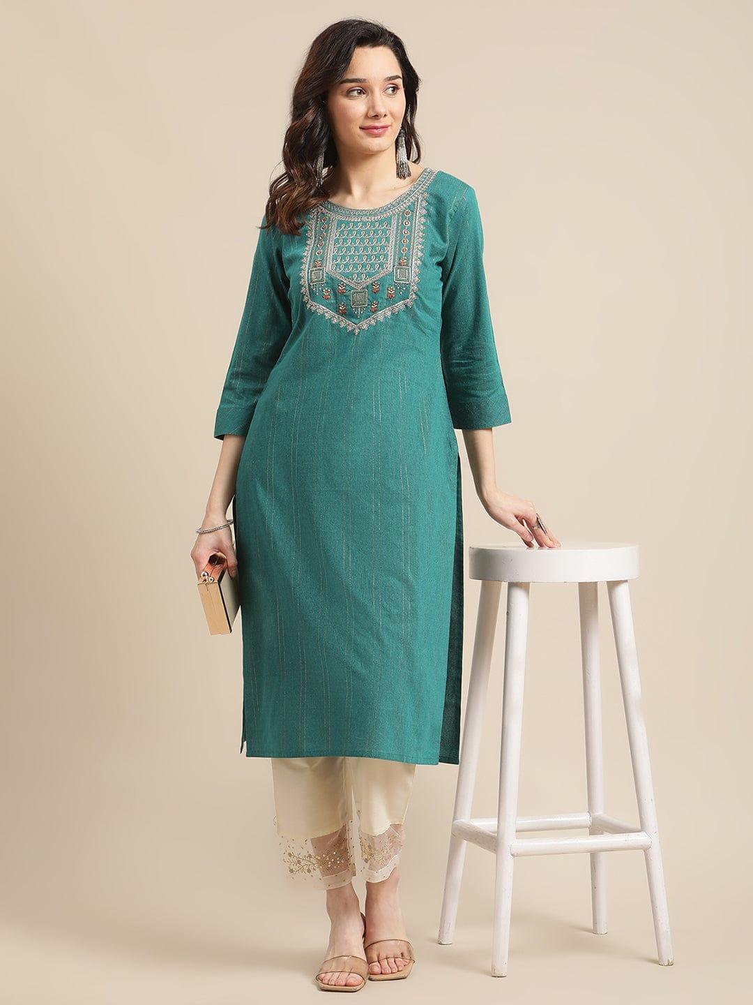 Turquoise Lurex Yoke Embroidery Straight Kurta - Indiakreations