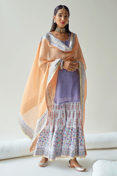 Chaand Lilac Kurta with jaal & booti block printed sharara and Dupatta- Set of 3 RTS - Indiakreations