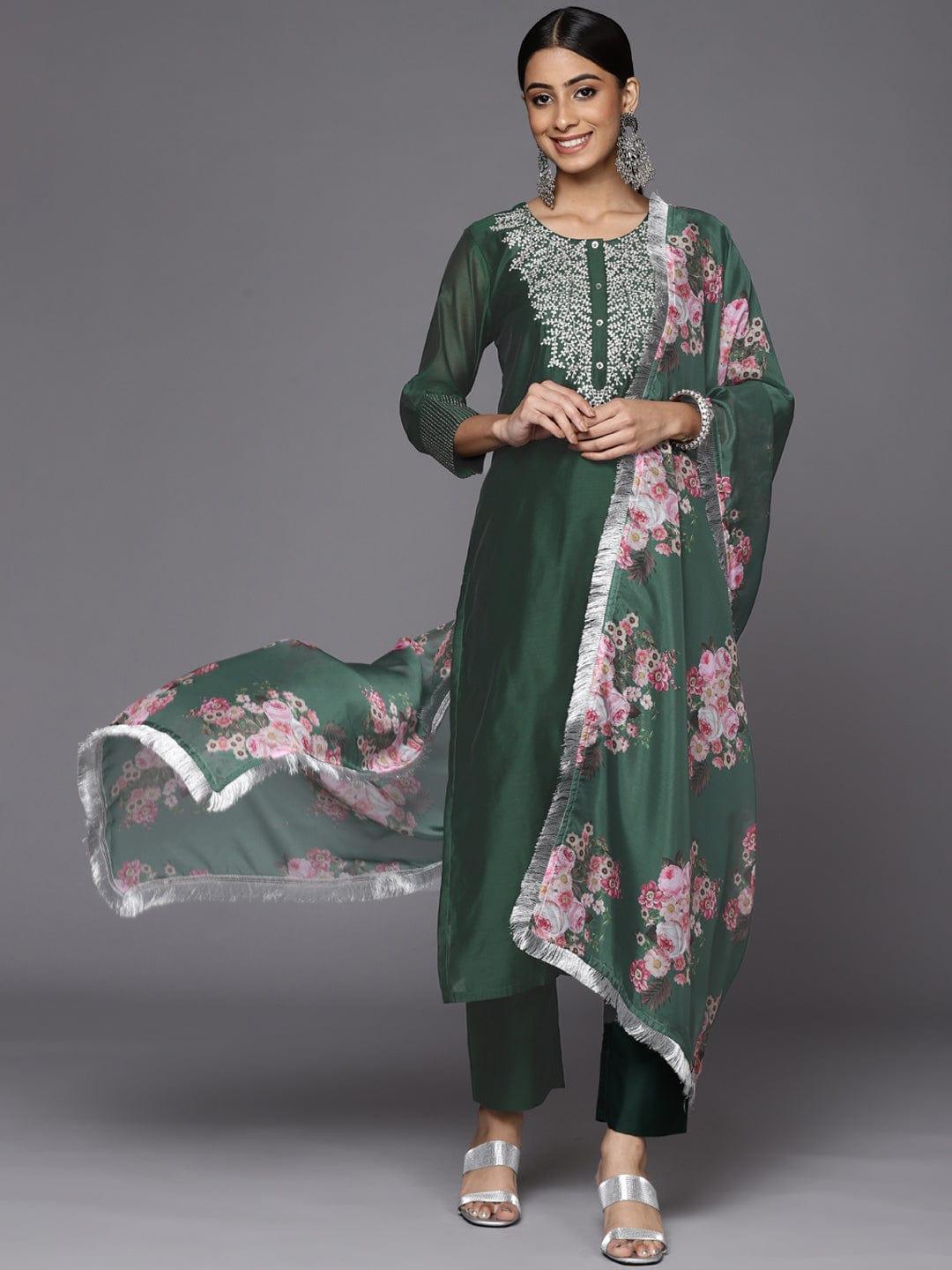 Varanga Women Green Floral Yoke Design Chanderi Silk Kurta with Trousers & With Dupatta - Indiakreations