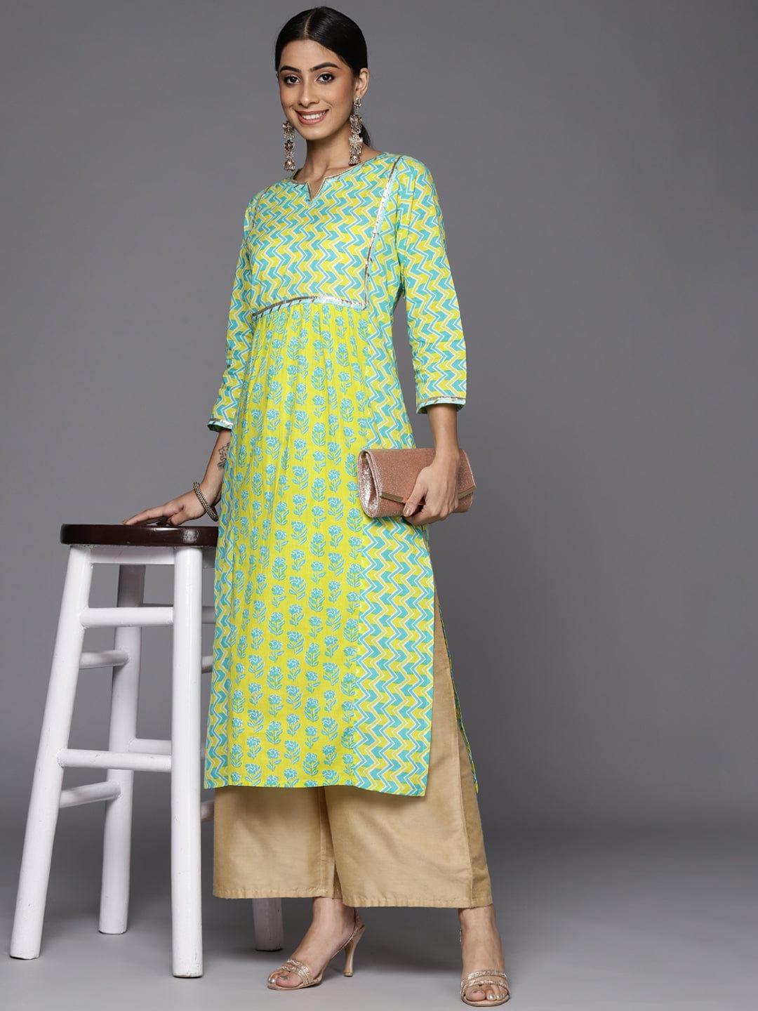 Varanga Women Green & Turquoise Blue Geometric Printed Cotton Gotta Patti Kurta - Indiakreations