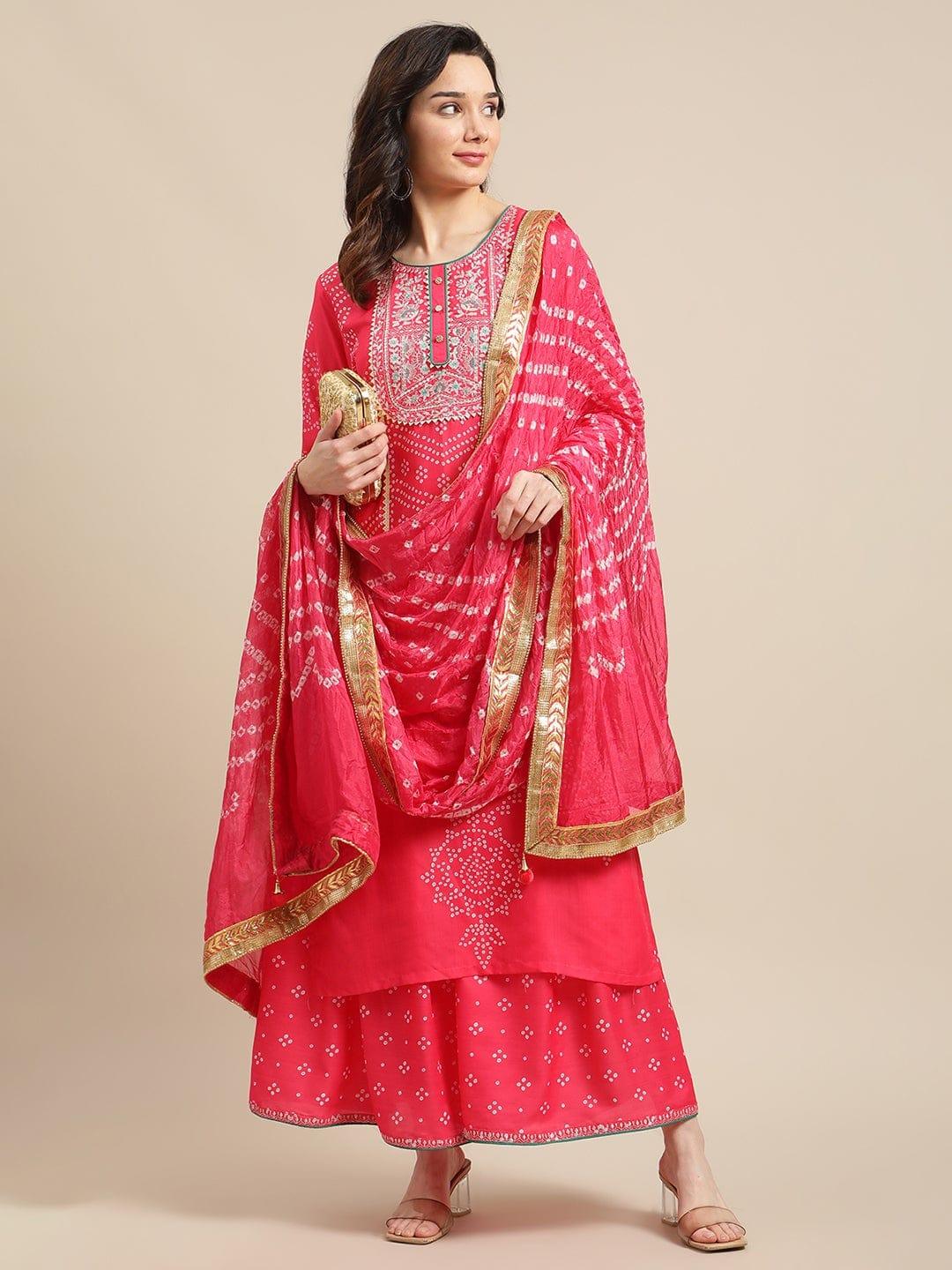 Pink Zari Embroidered Kurta Palazzo Set With Lace Embellished Bandhej Dupatta - Indiakreations