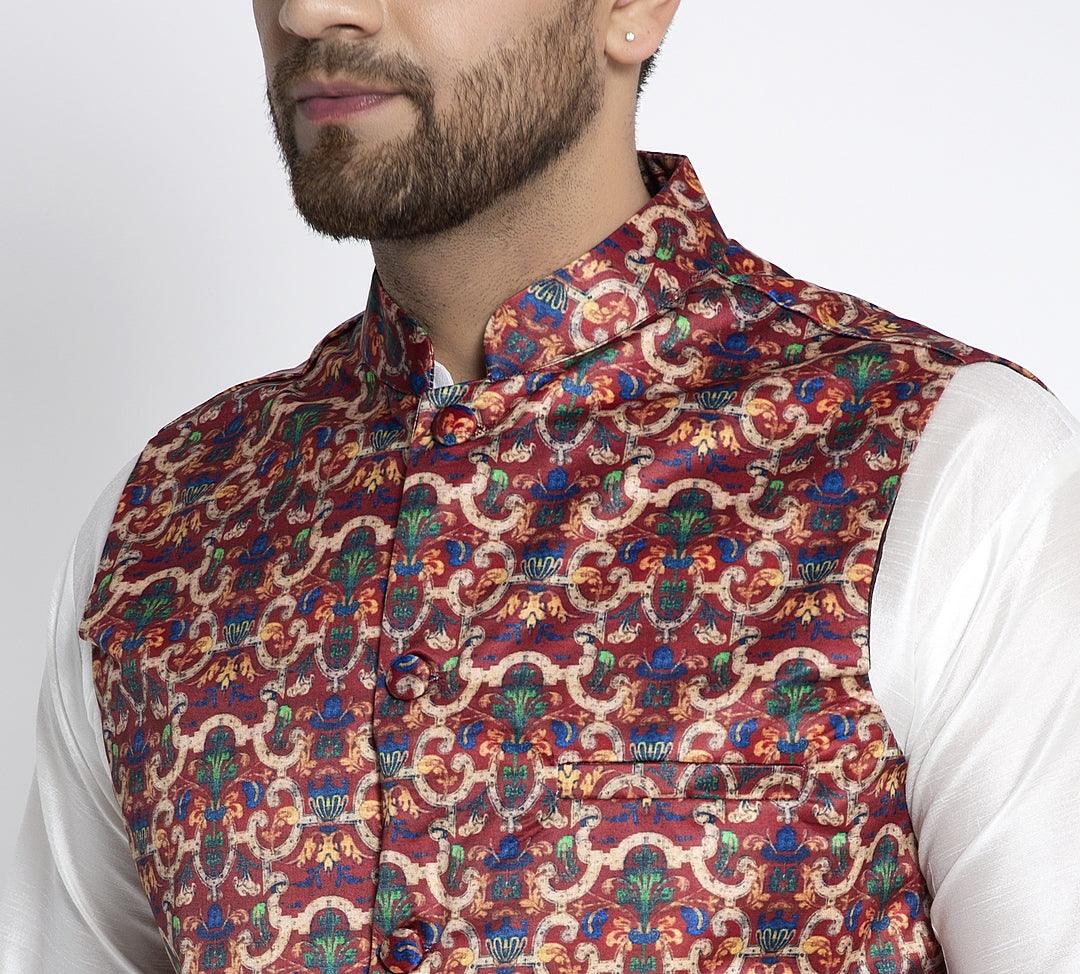 Men's Maroon & Multi Printed Nehru Jacket - Benstoke - Indiakreations