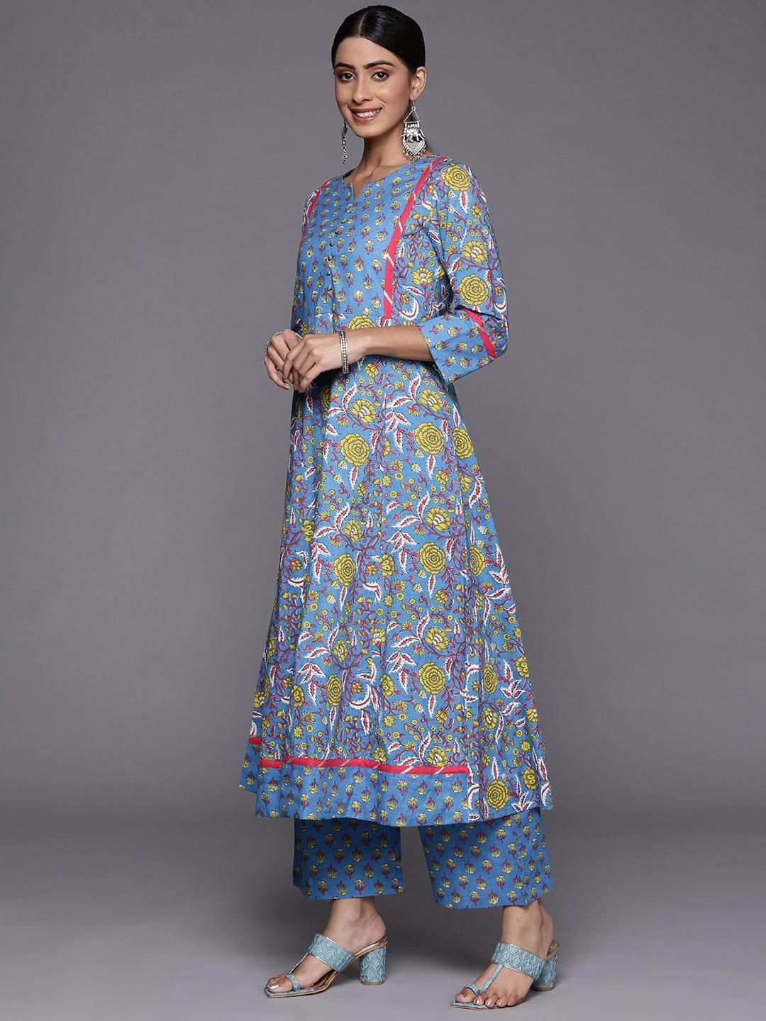 Varanga Women Blue Floral Printed Pure Cotton Kurta with Palazzos & With Dupatta - Indiakreations