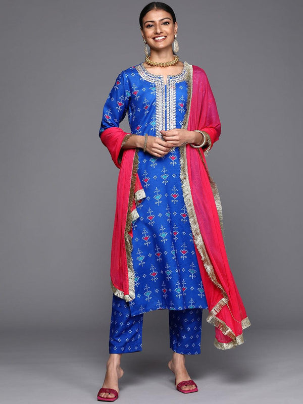 Varanga Women Blue Bandhani Printed Gotta Patti Kurta with Trousers & Dupatta - Indiakreations