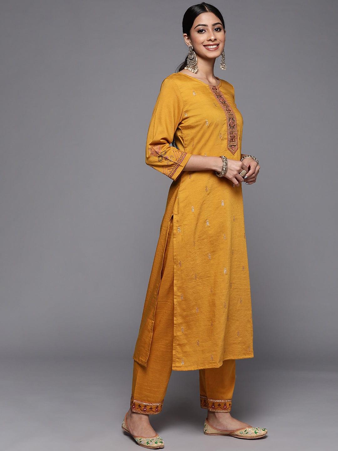 Varanga Women Mustard Yellow Ethnic Motifs Embroidered Sequinned Kurta with Trousers & With Dupatta - Indiakreations