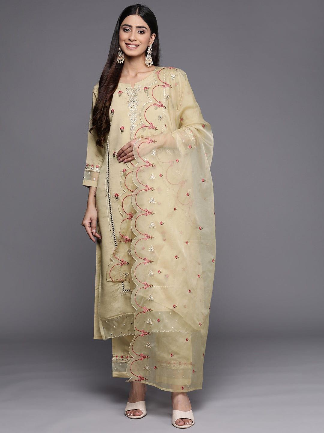 Varanga Floral Embroidered Mirror Work Kurta with Trousers & Dupatta - Indiakreations