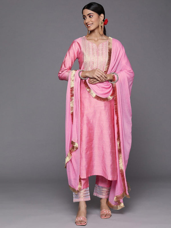 Varanga Women Pink Ethnic Motifs Embroidered Sequinned Dupion Silk Kurta with Trousers & With Dupatta - Indiakreations