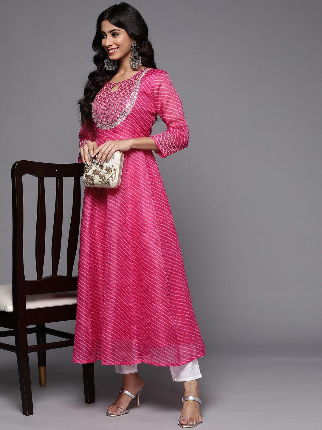 Varanga Women Pink & Gold-Toned Ethnic Motifs Embroidered Indie Prints Anarkali Kurta - Indiakreations