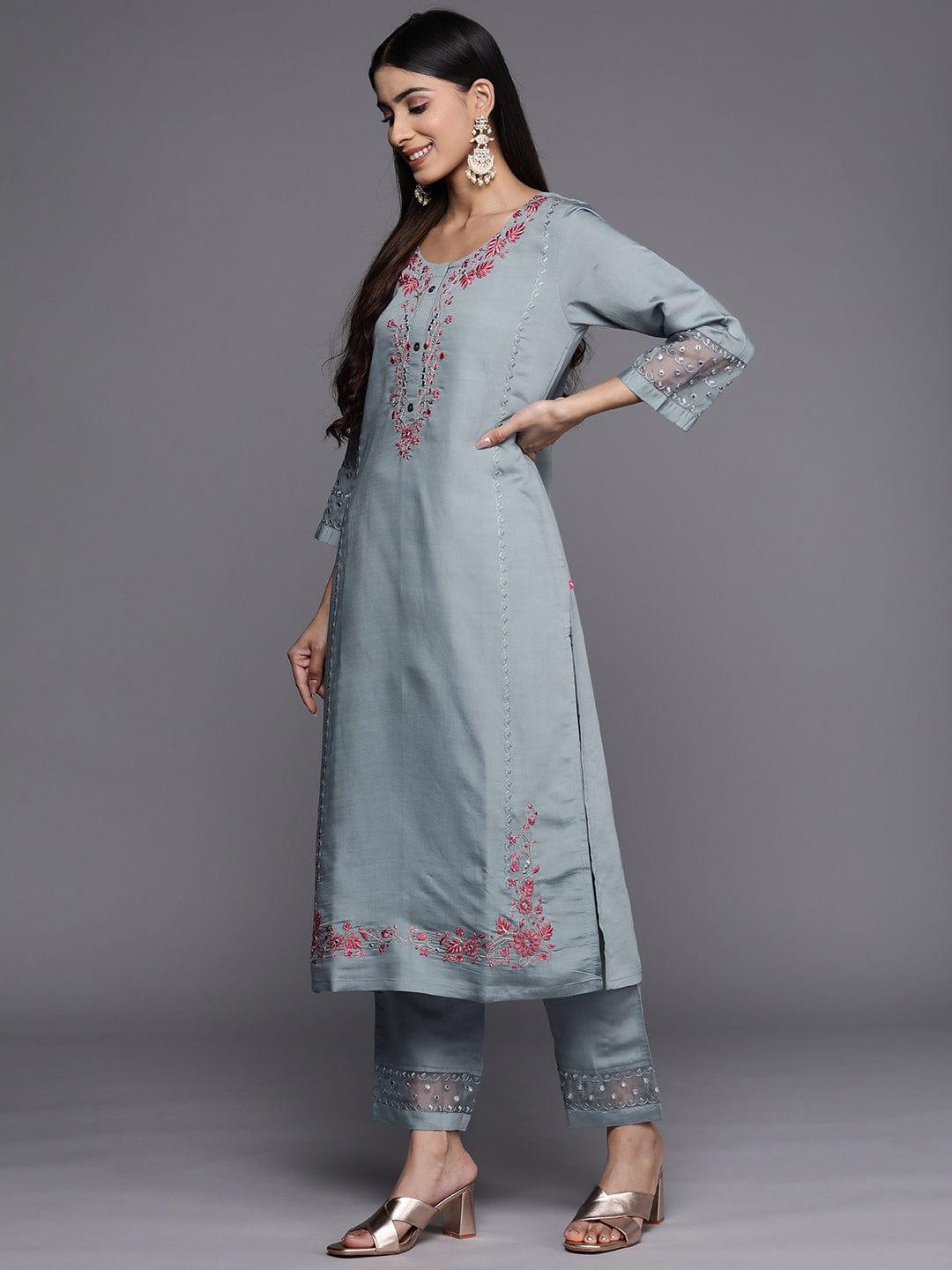 Varanga Floral Embroidered Mirror Work Kurta with Trousers & Dupatta - Indiakreations