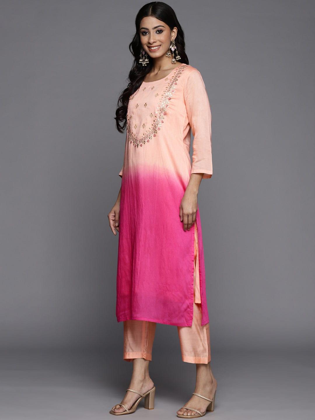 Varanga Women Peach-Coloured Ombre Yoke Design Sequinned Kurta with Trousers & Dupatt - Indiakreations