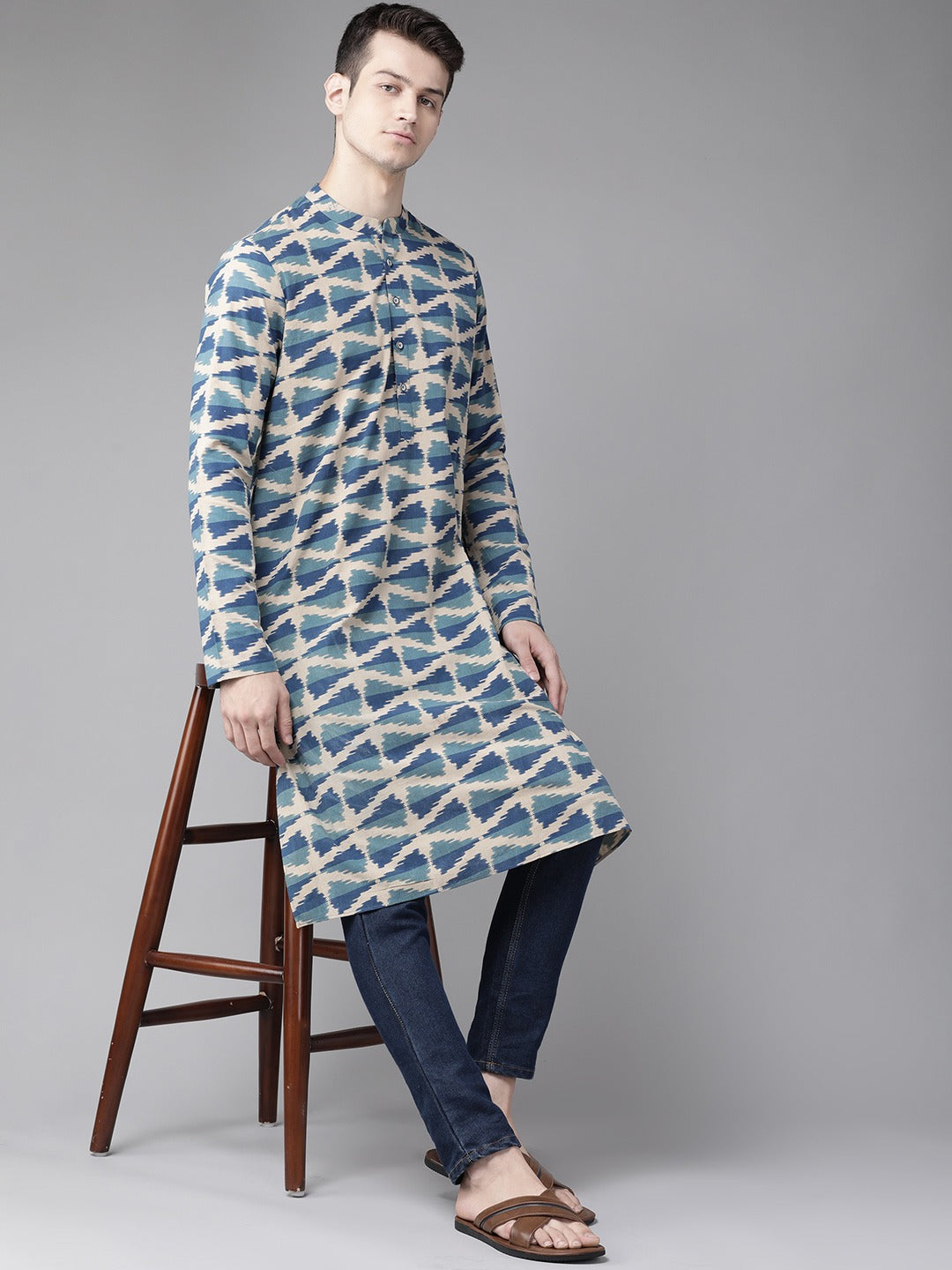 Men's Beige  And Blue Kalamkari Block Printed Straight Sustainable Kurta - See Designs