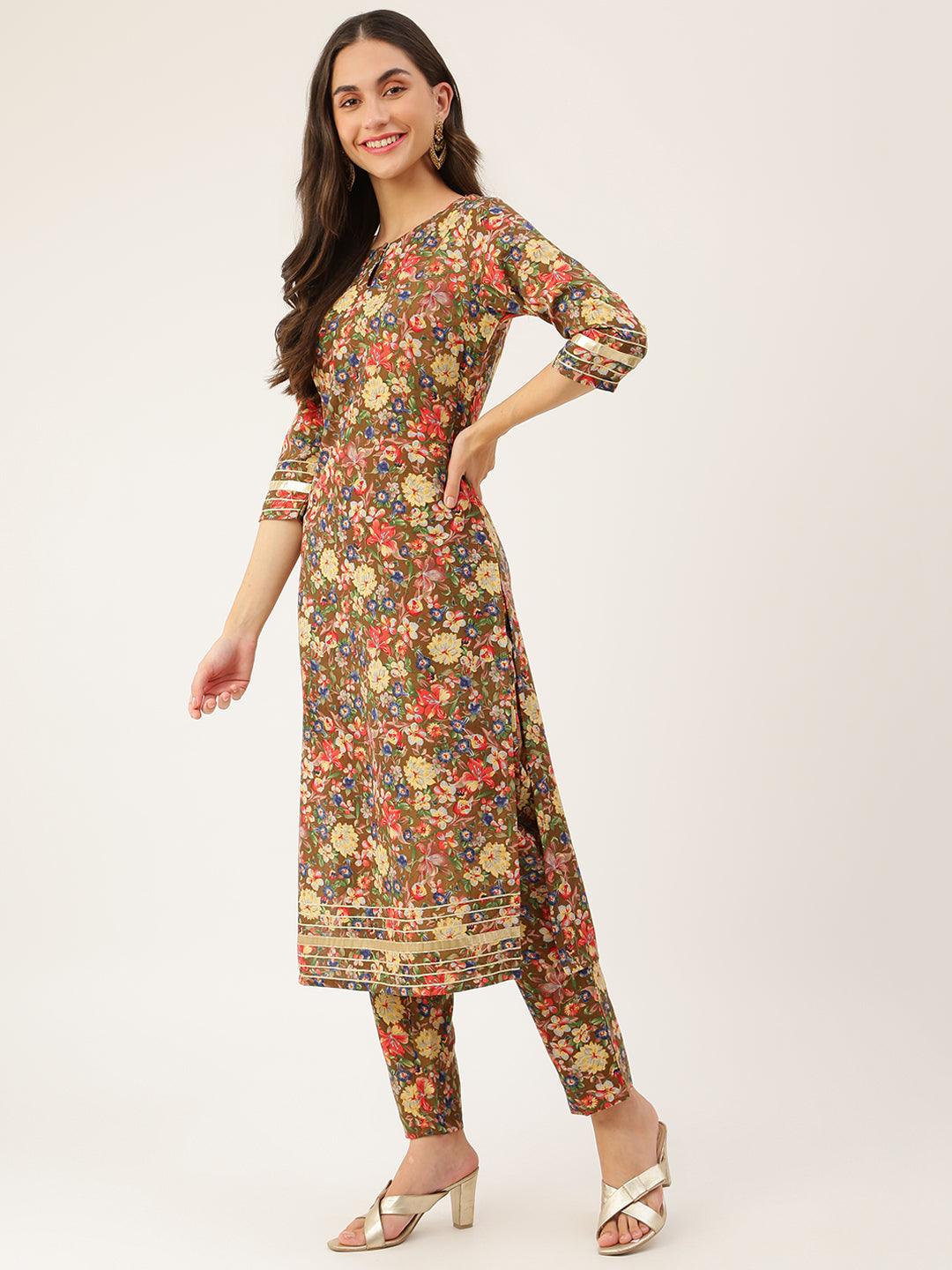 Women's MULTICOLOUR A-line kurta set with pant. print duptta has a key hole neck line and beautiful gota lace detail - The Fab Factory - Indiakreations