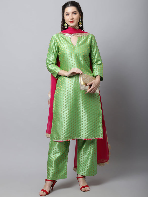 Women's Sahiba Green Brocade Kurti With Straight Palazzo And Magenta Georgette Dupatta - Anokherang