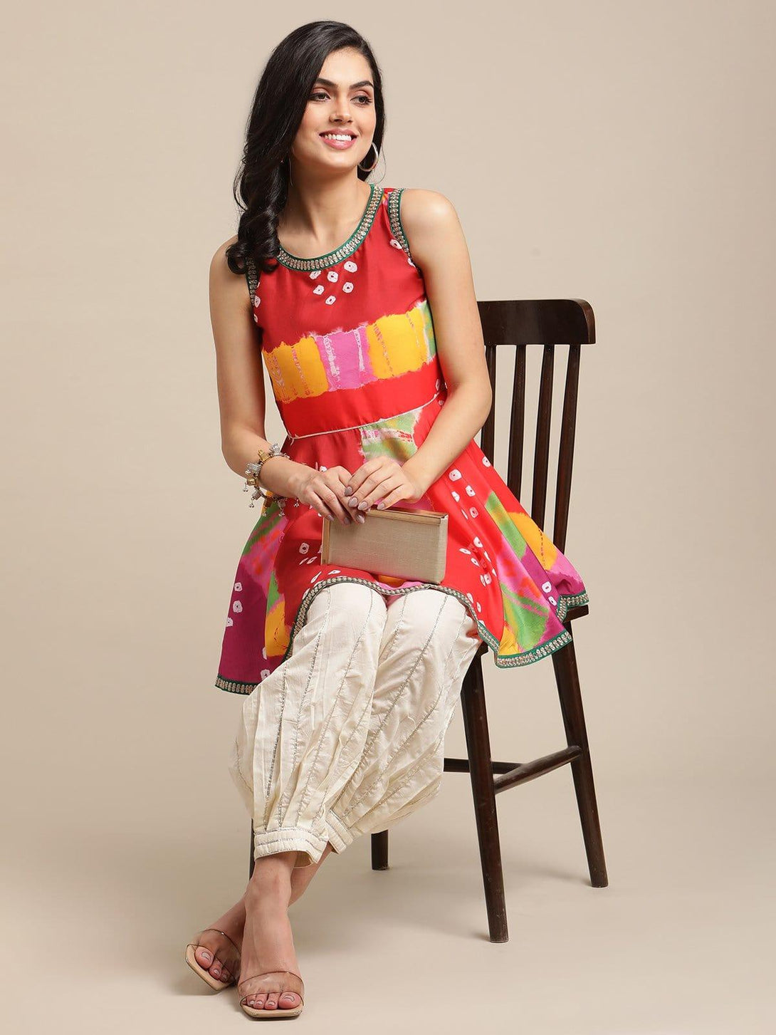 Red And Mustard Bandhej Printed Silk Flared Tunic With Gota Work Trouser - Indiakreations