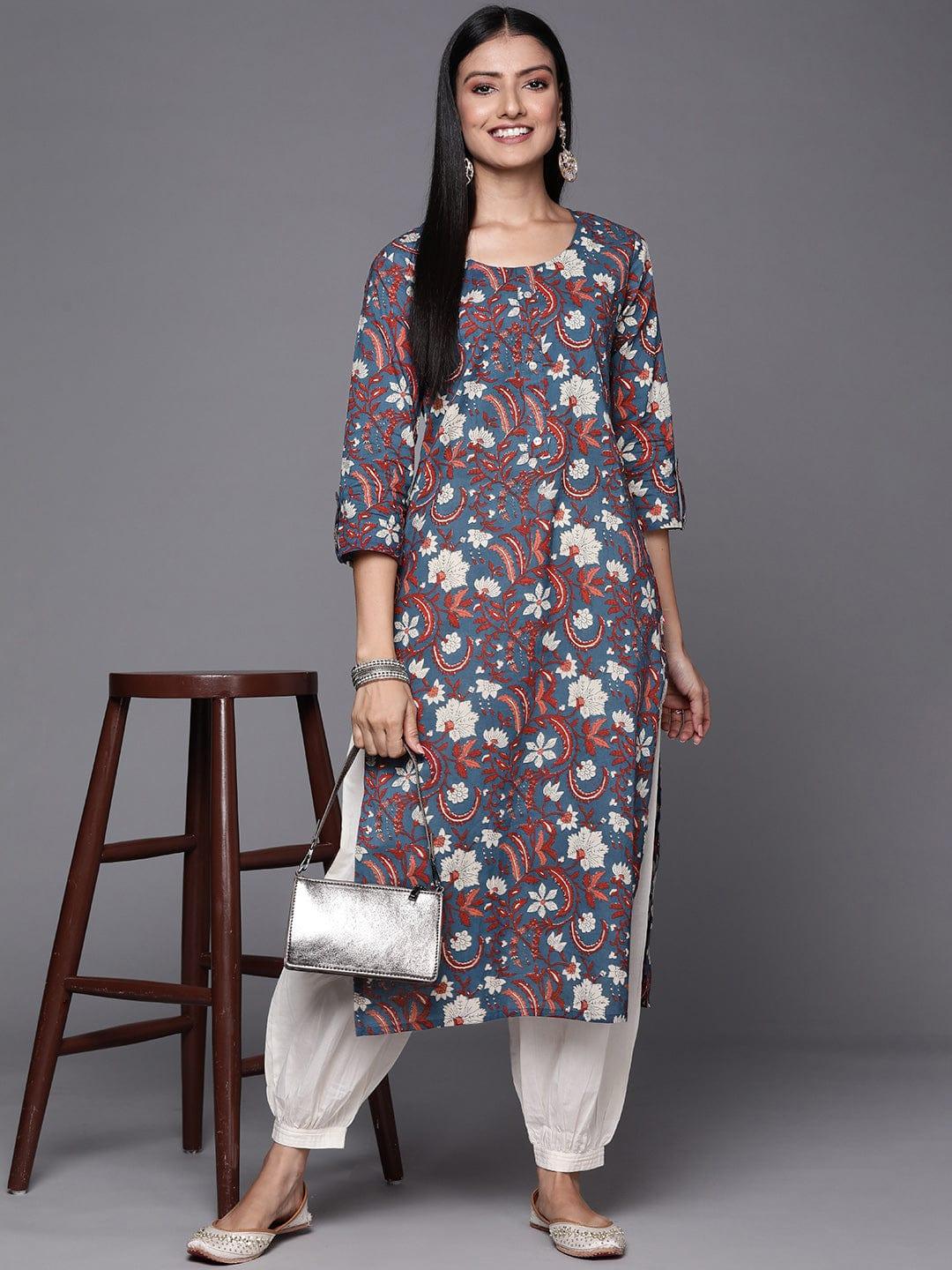 Varanga Women Blue & Maroon Floral Printed Indie Prints Kurta - Indiakreations