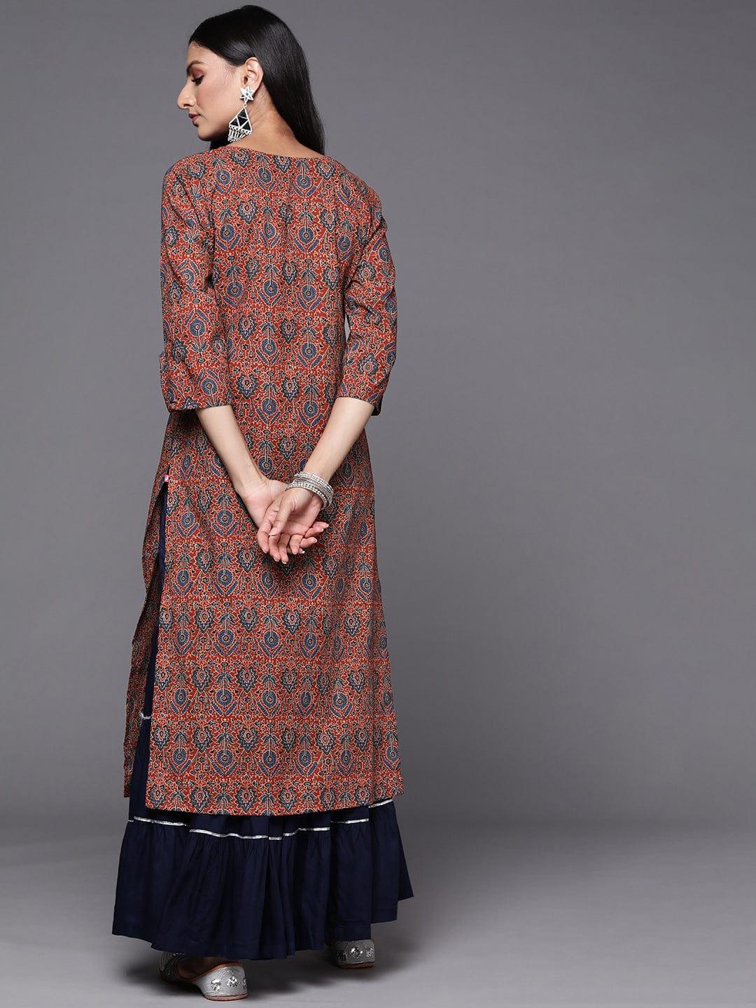 Varanga Women Rust & Blue Ethnic Motifs Printed Indie Prints Kurta - Indiakreations