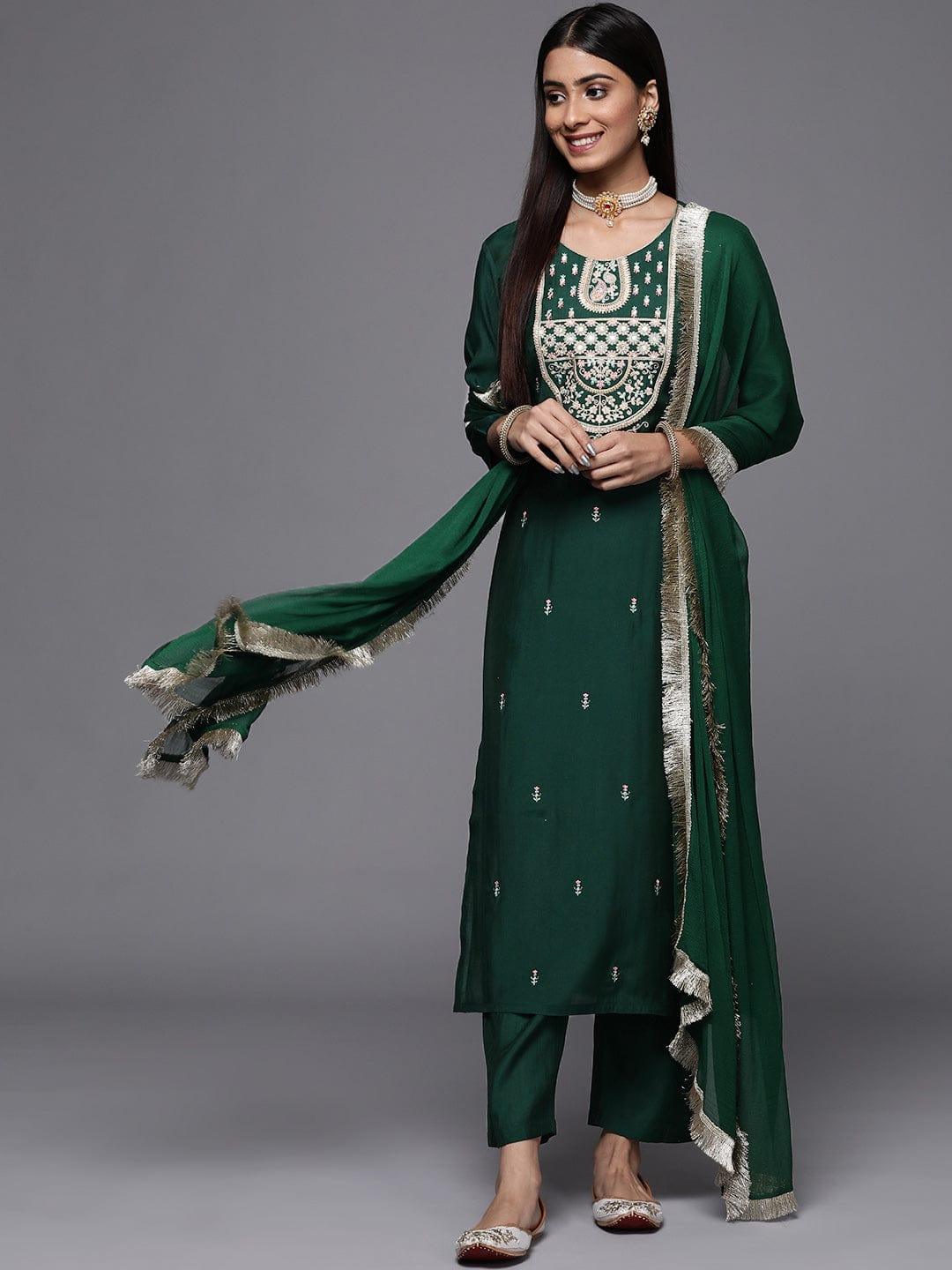 Varanga Women Floral Embroidered Kurta with Trousers & Dupatta - Indiakreations