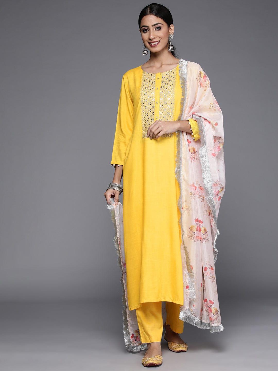 Varanga Women Yellow Yoke Design Mirror Work Kurta with Trousers & Dupatta - Indiakreations