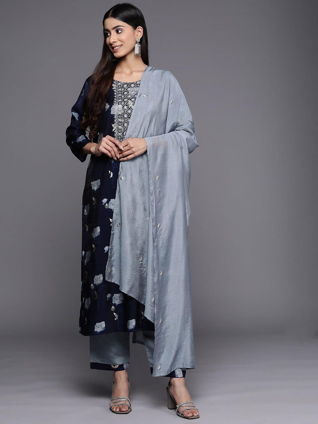 Varanga Floral Yoke Design Sequinned Chanderi Silk Kurta with Trousers & With Dupatta - Indiakreations