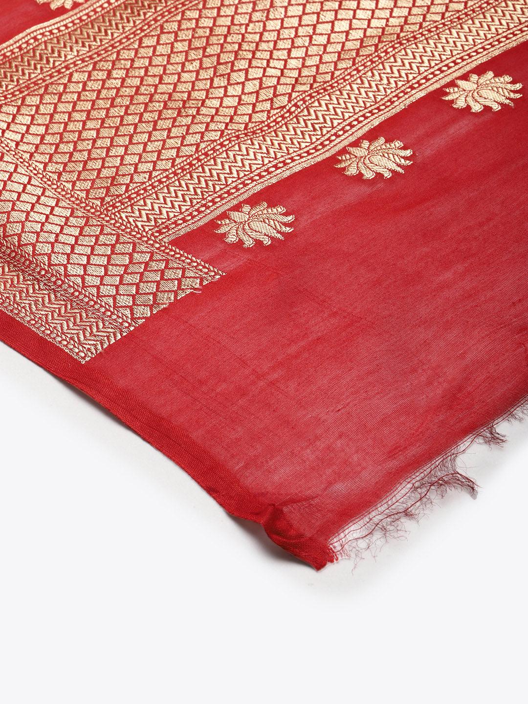 Women's Red Color Ethnic Motifs Woven Design Dupatta With Zari - Varanasi - Indiakreations