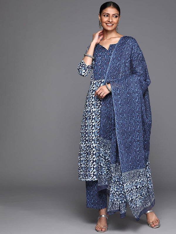 Varanga Women Blue Ethnic Motifs Printed Pure Cotton Kurta with Trousers & Dupatta - Indiakreations