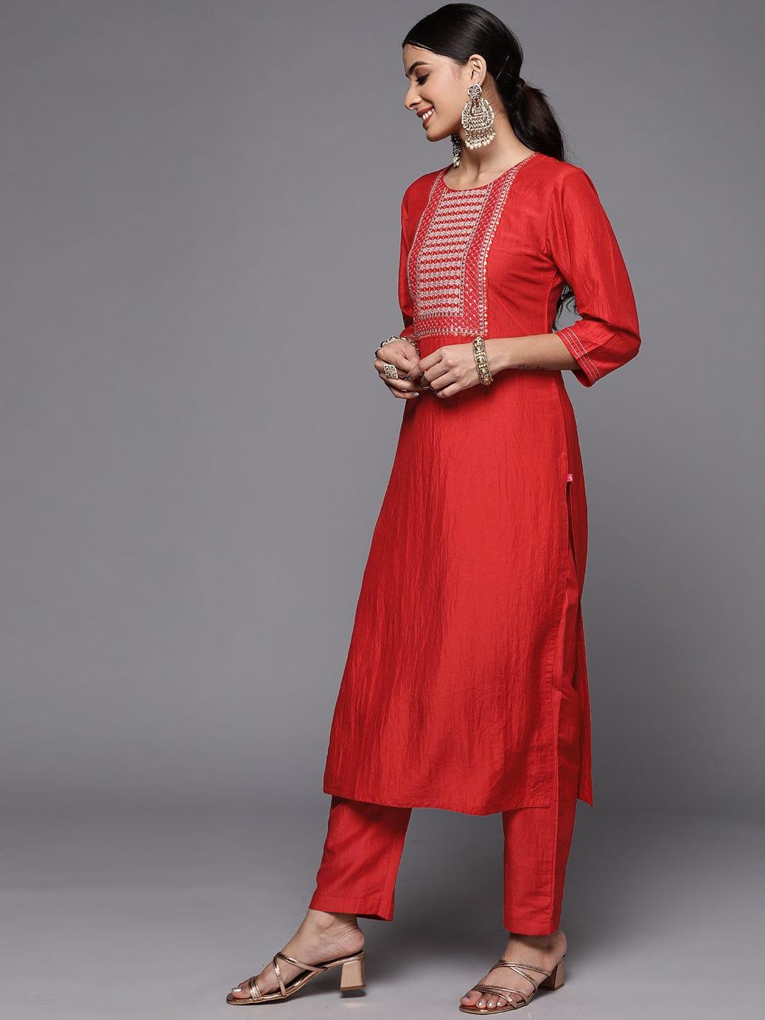 Varanga Women Rust Embroidered Empire Kurta with Trousers & With DupattA - Indiakreations