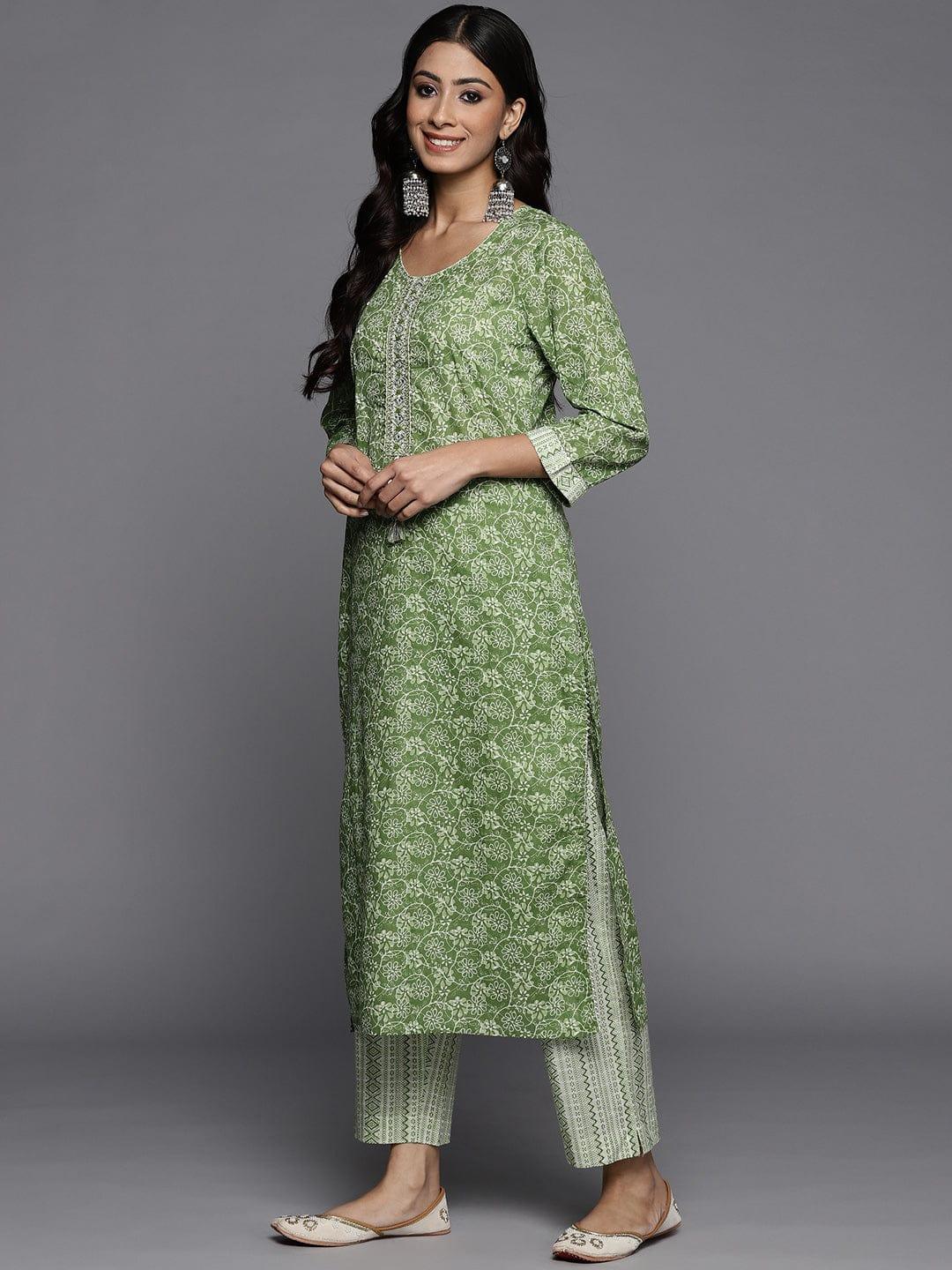 Varanga Women Green Ethnic Motifs Sequinned Pure Cotton Kurta with Trousers & Dupatta - Indiakreations