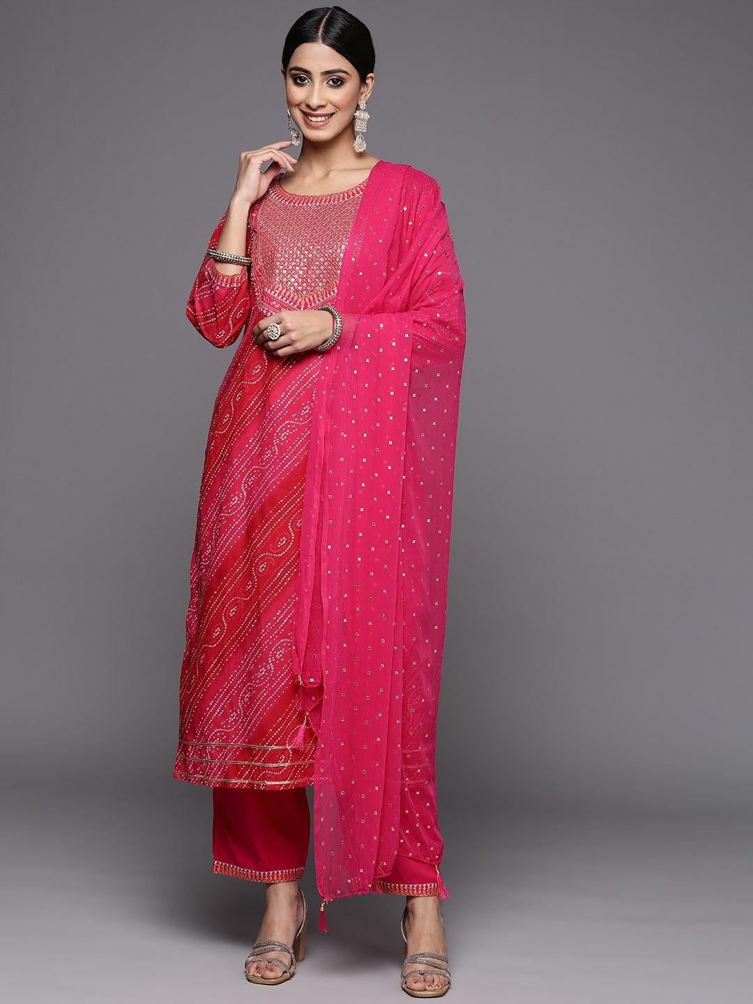 Varanga Women Pink Yoke Design Sequinned Pure Cotton Kurta with Trousers & With Dupatta - Indiakreations