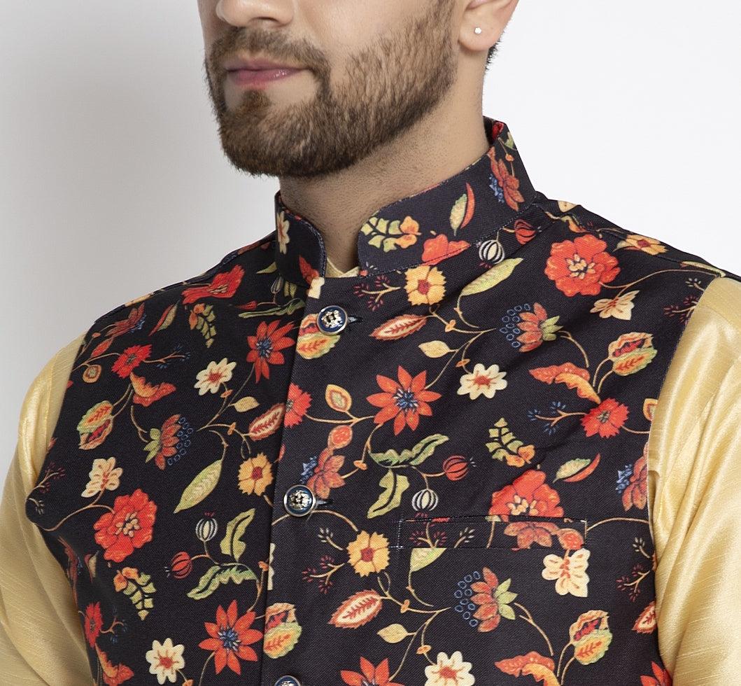 Men's Black & Multi Printed Nehru Jacket - Benstoke - Indiakreations