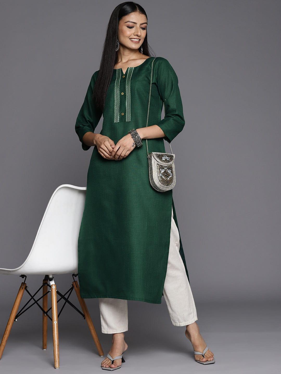 Varanga Women Green Yoke Design Thread Work Kurta - Indiakreations