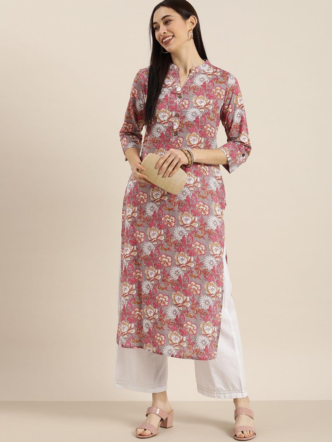 KSUT Grey And Pink Kalamkari Printed Kurta With Roll Up Sleeves - Indiakreations