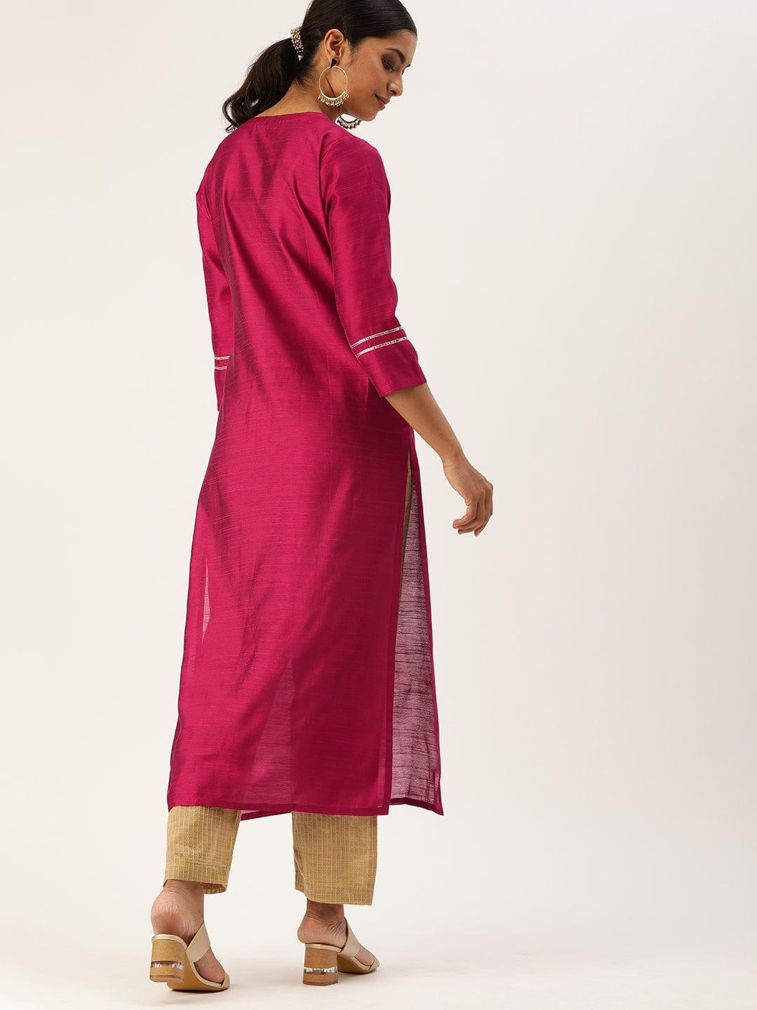 Magenta Pink Yoke Design Straight Kurta with Gotta Patti & Sequins - Indiakreations