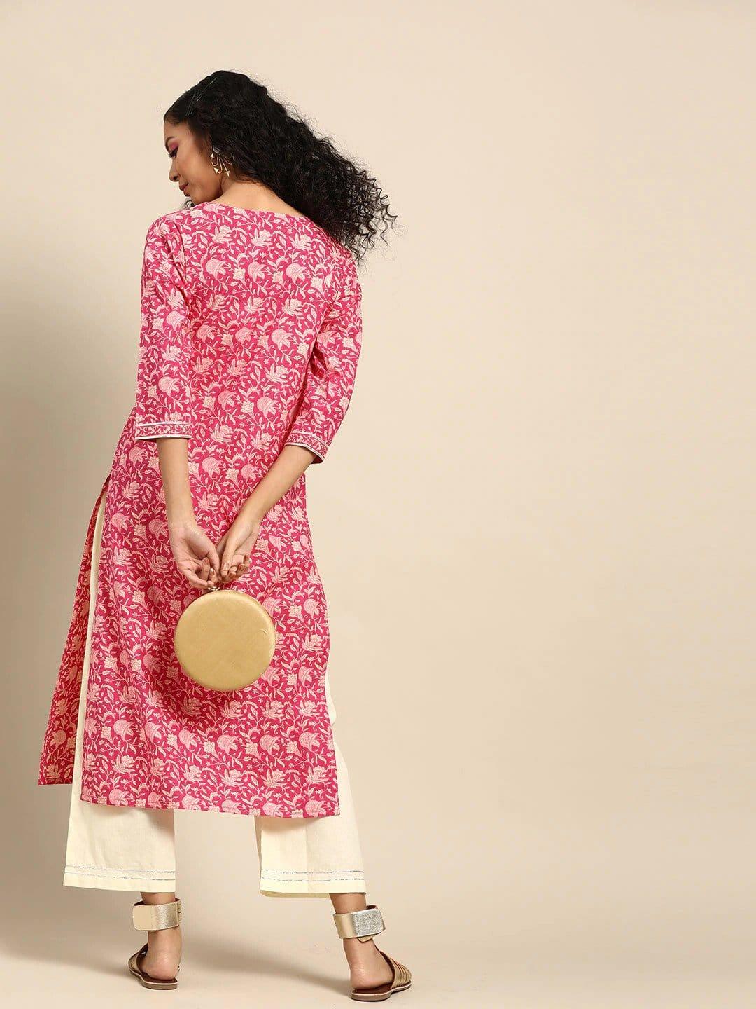 Pink & Cream-Coloured Printed Kurta with Trousers - Indiakreations