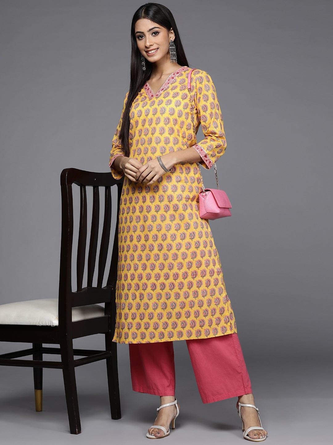 Varanga Women Yellow & Green Ethnic Motifs Printed Gotta Patti Cotton Kurta - Indiakreations