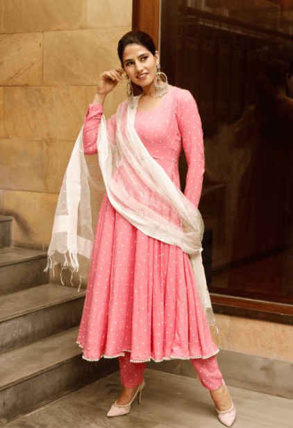 Women's Pink polka print kurta dupatta set - Indiakreations