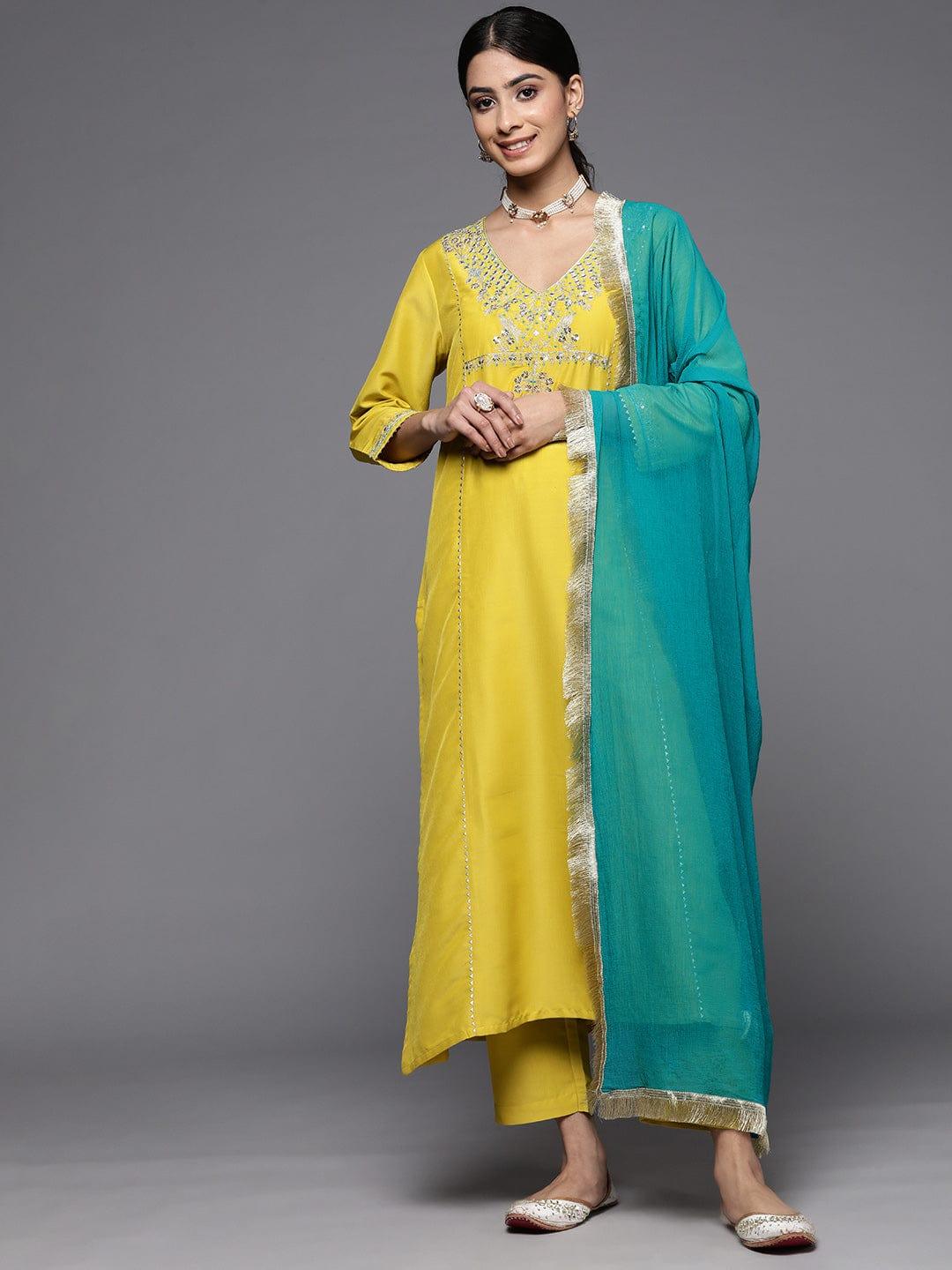 Varanga Ethnic Motifs Embroidered Sequinned Kurta With Trousers & With Dupatta - Indiakreations