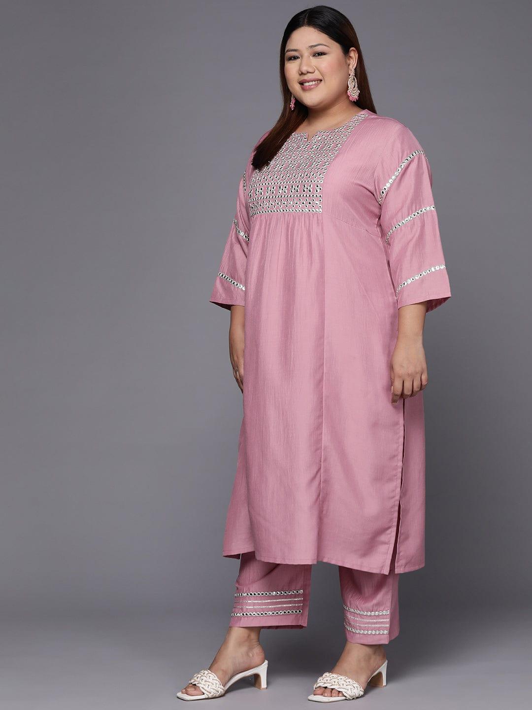 Varanga Women Plus Size Pink Ethnic Motifs Embroidered Mirror Work Kurta with Trousers & Dupatta - Indiakreations