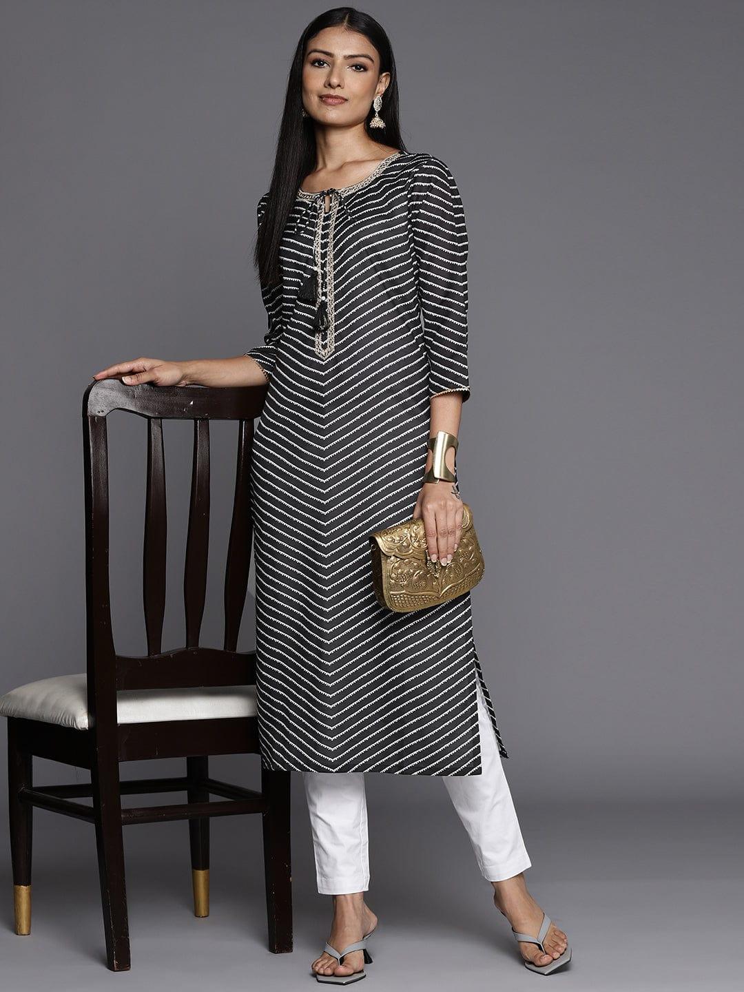 Varanga Women Black & White Striped Kurta - Indiakreations